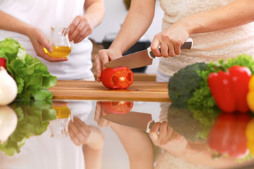 Closeup of human hands cooking in kitchen. Mother and daughter or two female friends cutting vegetables for fresh salad. Healthy meal, vegetarian food and lifestyle concepts