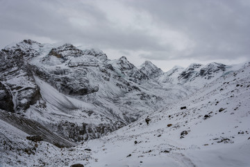 Mountain landscape on the snow-covered Thorong La pass, Nepal.