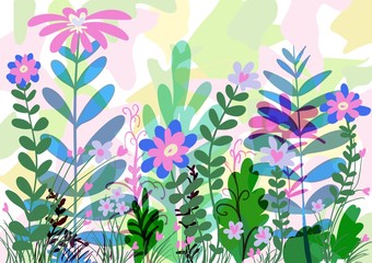 Flat flower garden design with collage style background, decorative cutout paper style images with fun colors, pastels illustration for spring and summer feminine surface pattern.