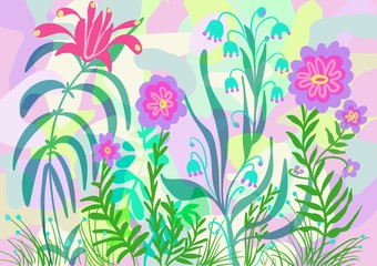 Flat flower garden design with collage style background, decorative cutout paper style images with fun colors, pastels illustration for spring and summer feminine surface pattern.