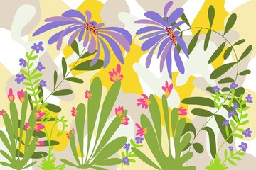 Fototapeta na wymiar Flat flower garden design with collage style background, decorative cutout paper style images with fun colors, pastels illustration for spring and summer feminine surface pattern.