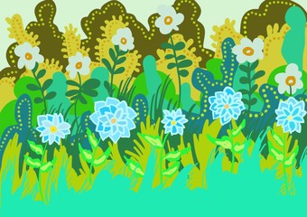 Layered flat floral background design with fun large simple flowers illustration of plants, leaves, flowers, in  greens and beautiful color 