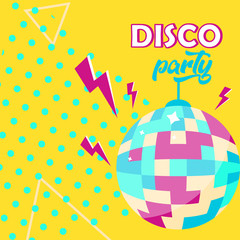 Vector Illustration. Disco ball icon. Disco party poster. Retro style. Background
