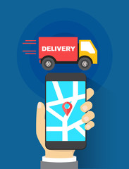 shipment trace tracker application concept, hands holding smartphone with opened package trace tracker application, vector flat design illustration