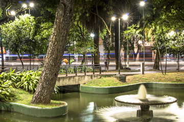 Sao Paulo, Brazil, November 16, 2017. Night view of the water fountain in Republic Square illuminated with led lights, downtown Sao Paulo.