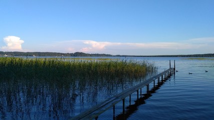 Naklejka premium russian lake wit bridge and forest, wooden pathway 4