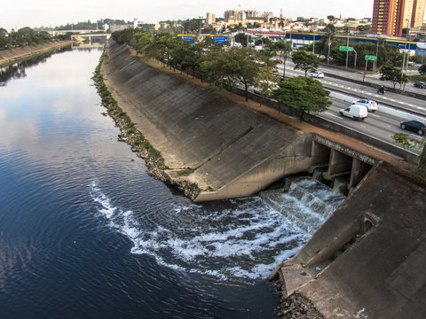 View Marginal Tiete highway and retaining wall of the Tiete river and the polluted stream of Pedras river in West zone of Sao Paulo city