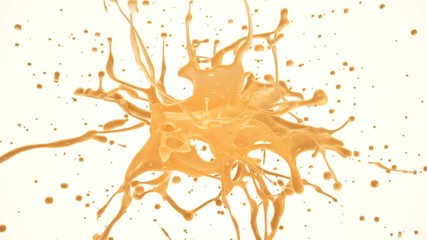 Orange or grapefruit juice explosion in slow motion with depth of field. 3D animation of fruit liquid drops splash isolated on white. Alpha matte included. 4K bright yellow and orange design element