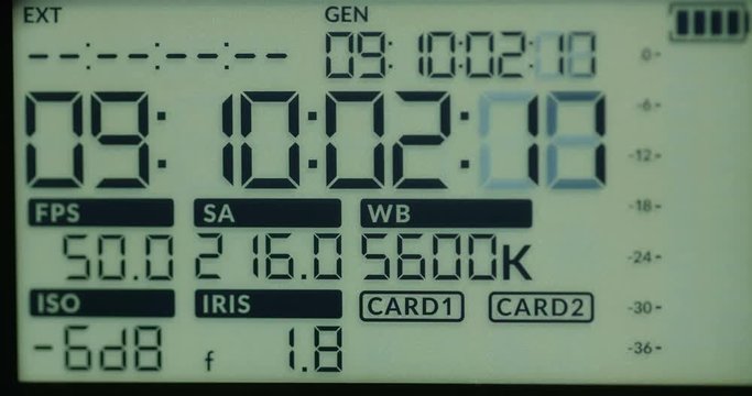 Details of a modern broadcast 4K camera - timecode is running on a LCD