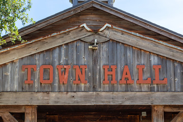 Town hall sign closeup, old west style wooden building - Davie, Florida, USA