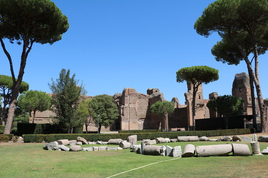 View of the ruin Caracalla spas from the upstream park, Rome Italy
