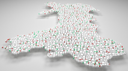 3D Map of Wales - UK | 3d Rendering, mosaic of little bricks - White and flag colors. A number of 4622 little boxes are accurately inserted into the mosaic