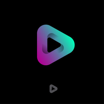 Triangle Mobius logo. Player, audio player icon, UI. Audio and Video emblem. Rounded triangle with shadow on a black background. Web button.