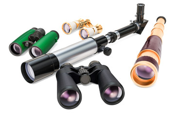 Optical devices. Opera glasses, binoculars, spyglass, "military binoculars", telescope, 3D rendering