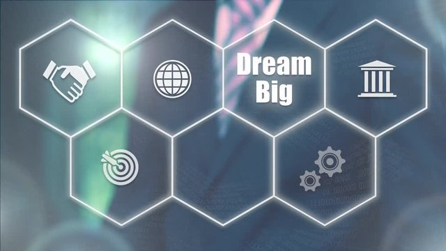 A businessman's hand selecting a Dream Big concept button on a futuristic computer screen.