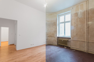 empty room before and after renovation concept - collage  
