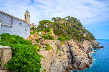 Fototapeta na wymiar Rocks and sea in Portofino, Liguria, Italy