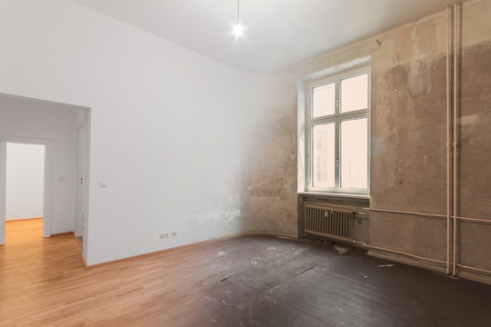 renovation concept - empty room before and after refurbishment  