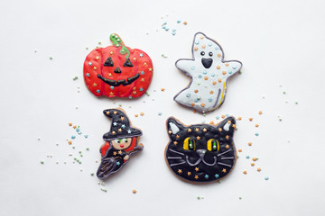 Beautiful gingerbread for Halloween on the table. horizontal view from above, minimal concept