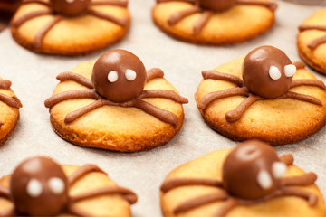 Heloween dessert: funny spider made of biscuits with chocolate close-up on the table. horizontal