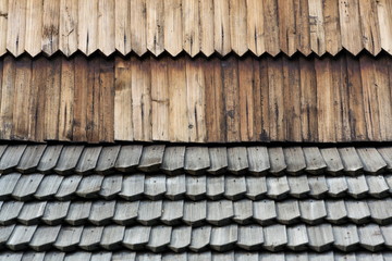 Old traditional wooden shingled roof pattern background, copy space, Church of the Saint Michael Archangel, Prague, Czech Republic
