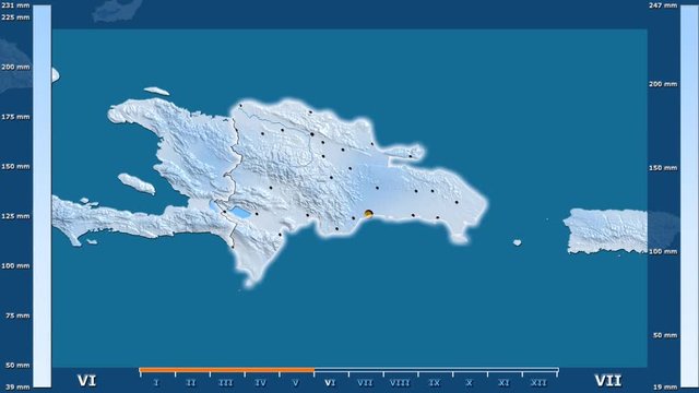 Precipitation by month in the Dominican Republic area with animated legend - glowing shape, administrative borders, main cities, capital. Stereographic projection