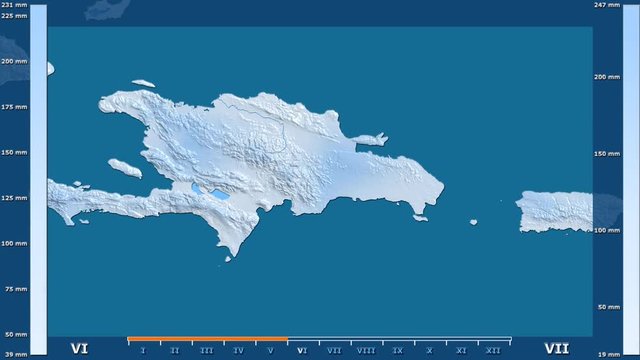 Precipitation by month in the Dominican Republic area with animated legend - raw color shader. Stereographic projection
