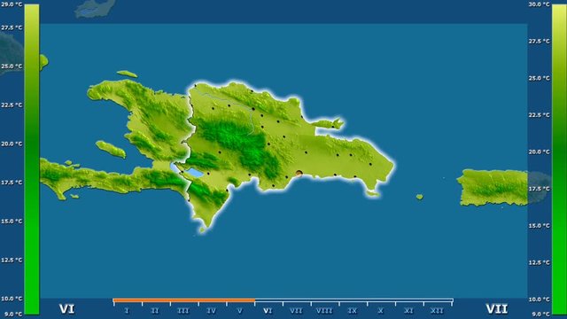 Average temperature by month in the Dominican Republic area with animated legend - glowing shape, administrative borders, main cities, capital. Stereographic projection