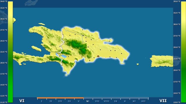 Maximum temperature by month in the Dominican Republic area with animated legend - glowing shape, administrative borders, main cities, capital. Stereographic projection