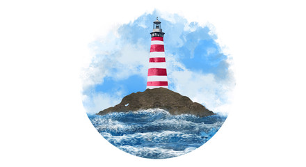 Lighthouse against the blue sky, stones, waves and sunlight