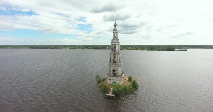 Kalyazin bell tower of St. Nicholas Cathedral in the water (a flooded bell tower). Kalyazin, Tver region, Russia. Aerial