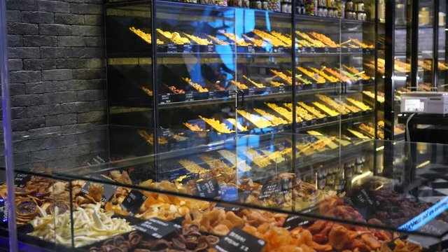 Glass showcases of sweets and nuts shop in Thessaloniki Greece