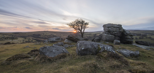 Sunset at Holwell Tor on Dartmoor.