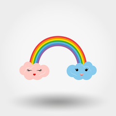 Rainbow with Cute Clouds. Kawaii. Icon. Vector. Flat.