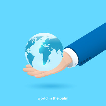 globe in the palm of a man in a business suit, the whole world in the palm of your hand, an isometric image