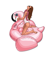 Illustration of funny summer time with girl who`s swimming on pink flamingo. Cute, modern, vector illustration Tropical bird. Best Summer isolated on white background.