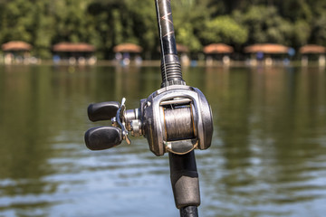 Sao Paulo, Brazil, February 12, 2017. Fishing rod in a lake on Borore Island, south of Sao Paulo.