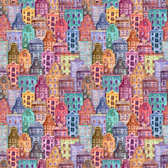 Fototapeta premium Seamless pattern of watercolor old europe houses