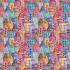 Seamless pattern of watercolor old europe houses