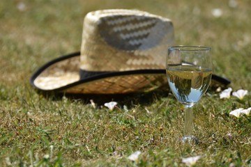 Straw Hat and Wineglass in the Grass with small Flowers