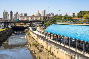 Sao Paulo, Brazil, February 23, 2017. Tamanduatei River and bus lane in downtown Sao Paulo