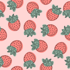 Strawberry vector pattern, fruit illustration on pink background, Good for wallpaper.