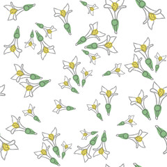 Seamless pattern with fresh woodruff flowers. Good for backdrop, textile, wrapping paper, wall posters. Vector continuous line drawing.