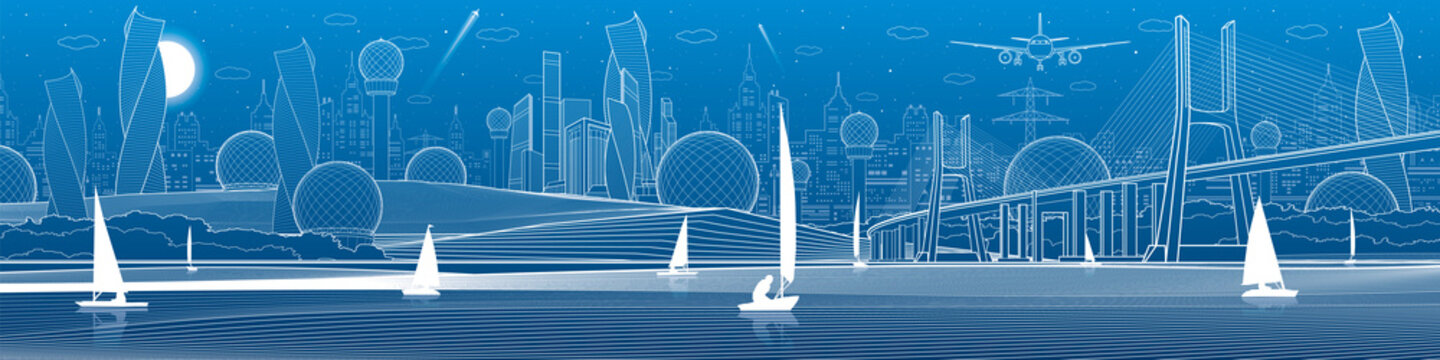City infrastructure panoramic illustration. Big bridge across river. Sailing yachts on water. White lines on blue background. Vector design art
