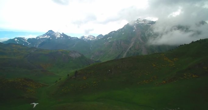 Aerial, Flight In The Cloudy Highlands Of The Spanish Pyrenees - graded Version