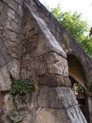 The historic fortified York Wall made of carved stone 