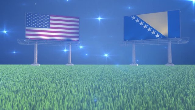 3d animated soccer ball bouncing in front of billboards with the flags of USA and Bosnia and Herzegovina with flickering lights in the background in 4K resolution