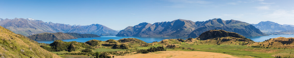 Panoramic view of the landscape at the start of the Roy's Peak track, south island, New Zealand