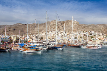 Fototapeta na wymiar Kalymnos Island, Greece; 22 October 2010: Bodrum Cup Races, Gulet Wooden Sailboats