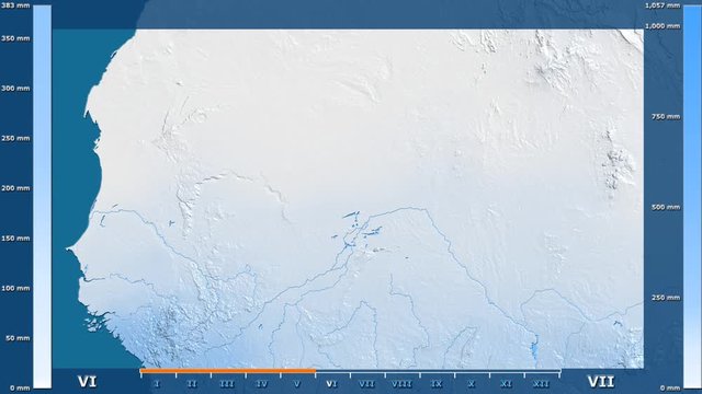 Precipitation by month in the Mali area with animated legend - raw color shader. Stereographic projection